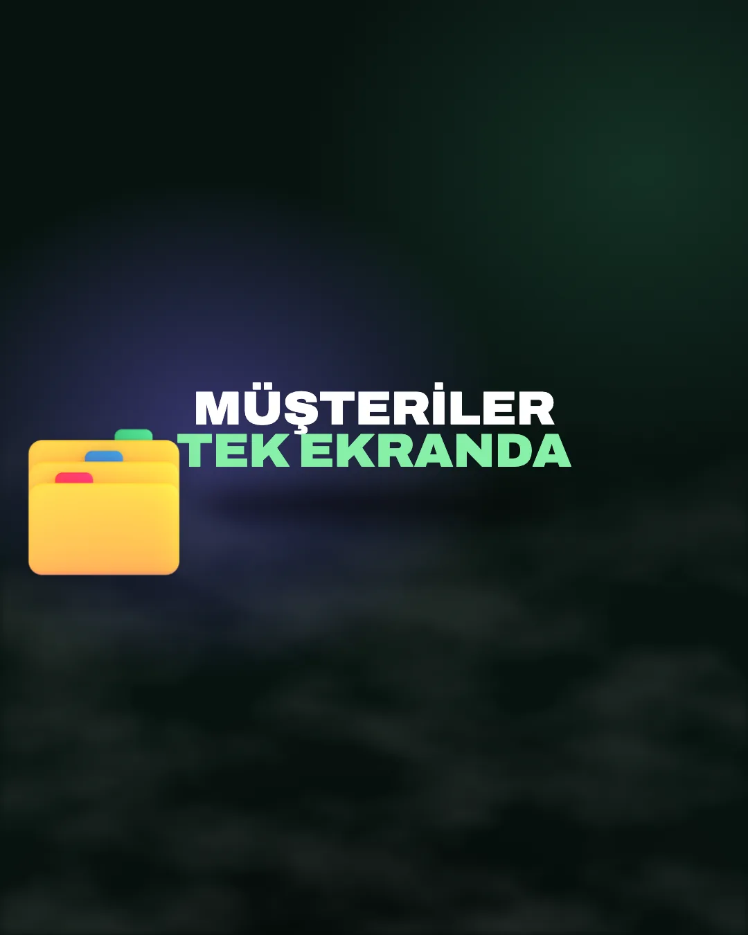 “Müşteriler Tek Ekranda” başlıklı, 3D kart dizini ikonlu CRM yazılımı ve entegrasyon görseli