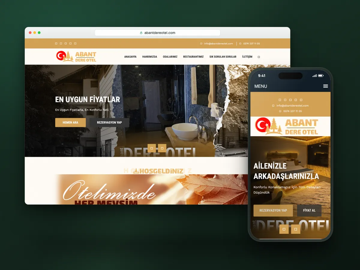 Abant Dere Otel web sitesi, masaüstü ve mobil görünüm