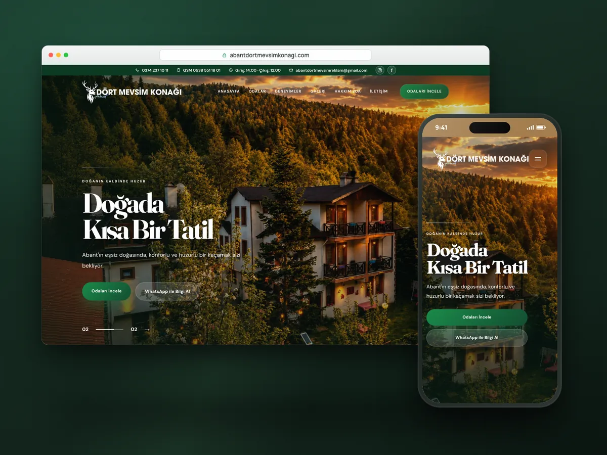 Abant Dört Mevsim Konağı web sitesi, masaüstü ve mobil görünüm
