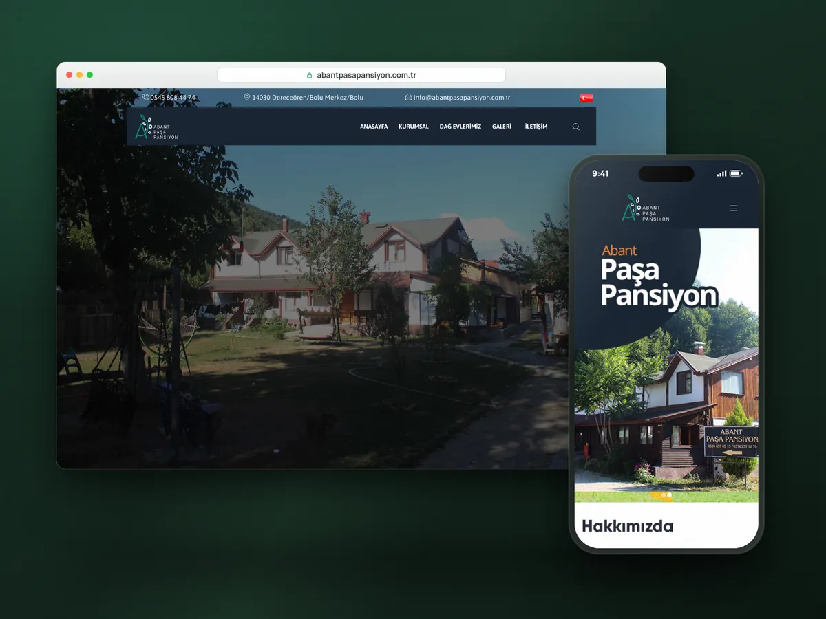 Abant Paşa Pansiyon web sitesi, masaüstü ve mobil görünüm