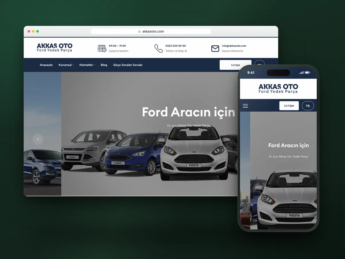Akkaş Oto web sitesi, masaüstü ve mobil görünüm
