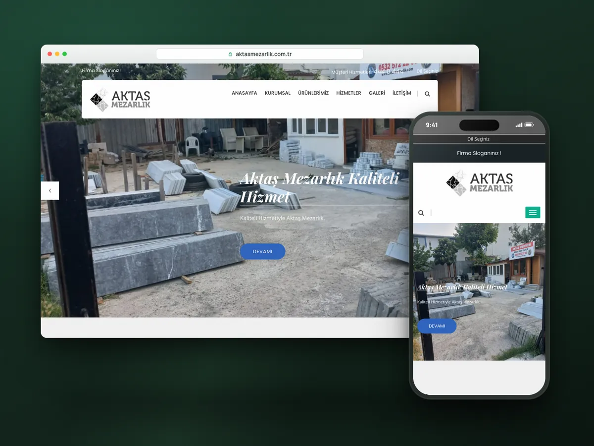 Aktaş Mezarlık web sitesi, masaüstü ve mobil görünüm