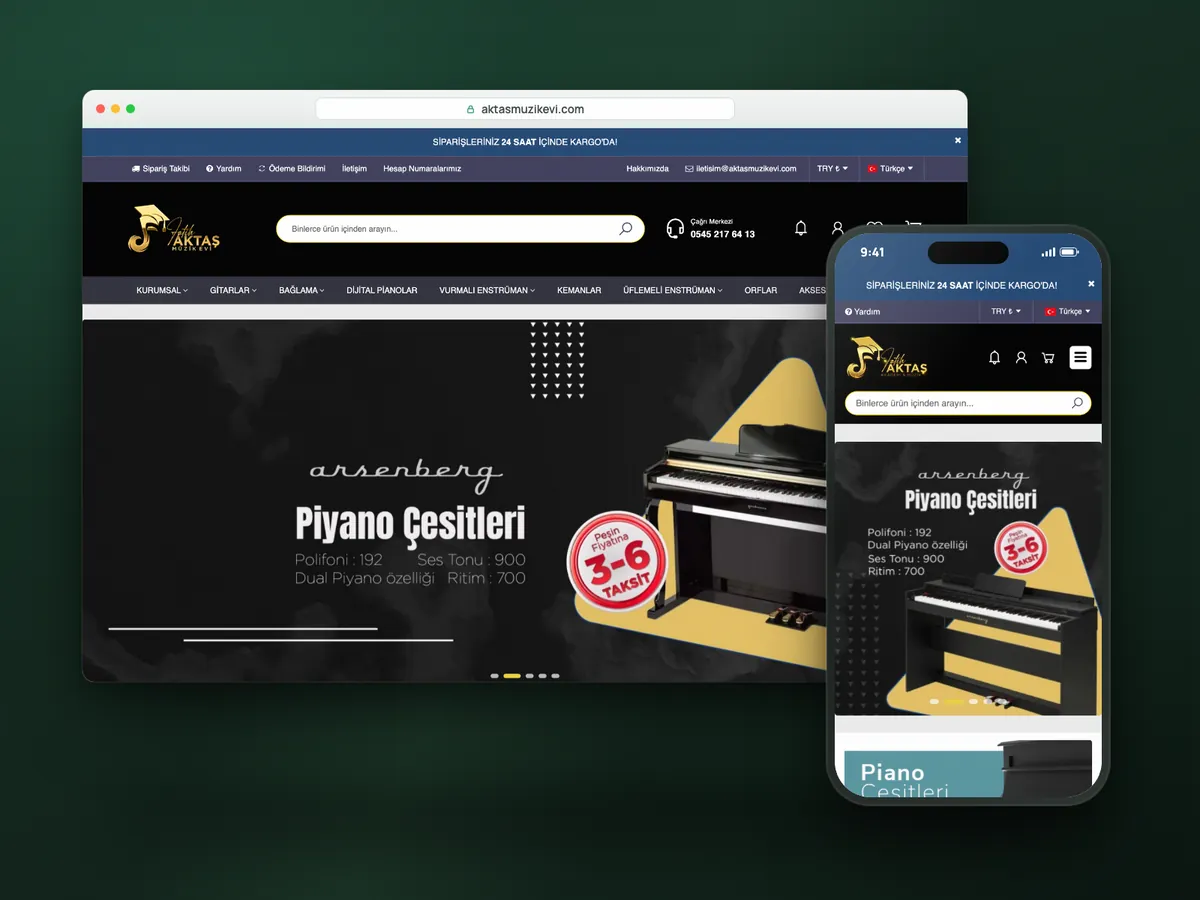 Aktaş Akademi Müzik Evi web sitesi, masaüstü ve mobil görünüm