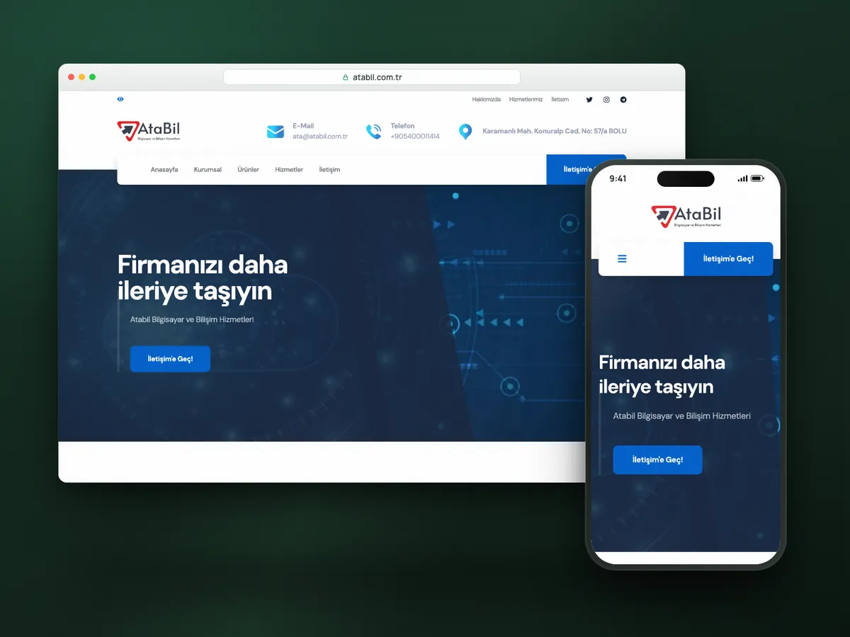 Atabil Bilişim web sitesi, masaüstü ve mobil görünüm
