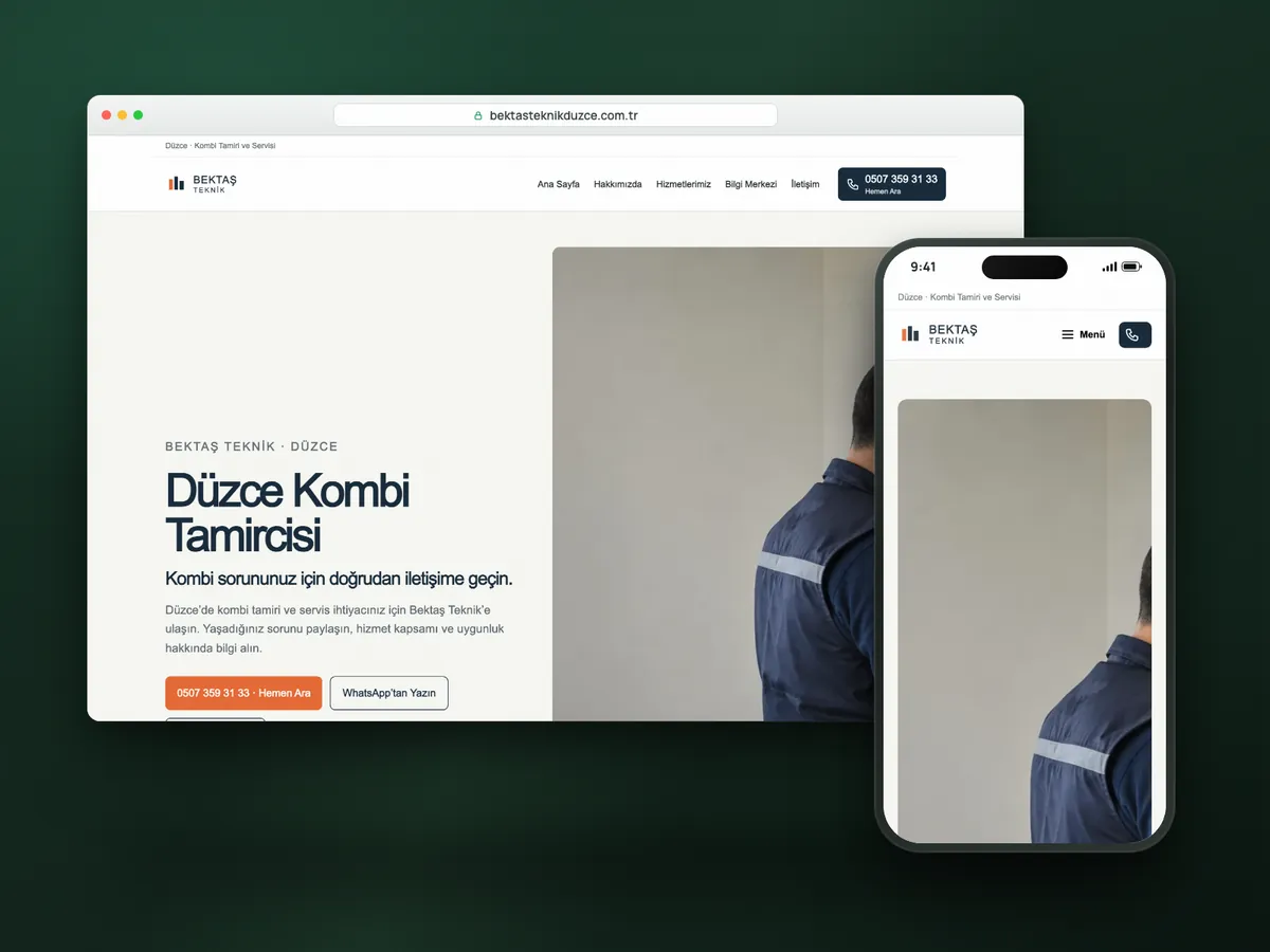 Bektaş Teknik web sitesi, masaüstü ve mobil görünüm