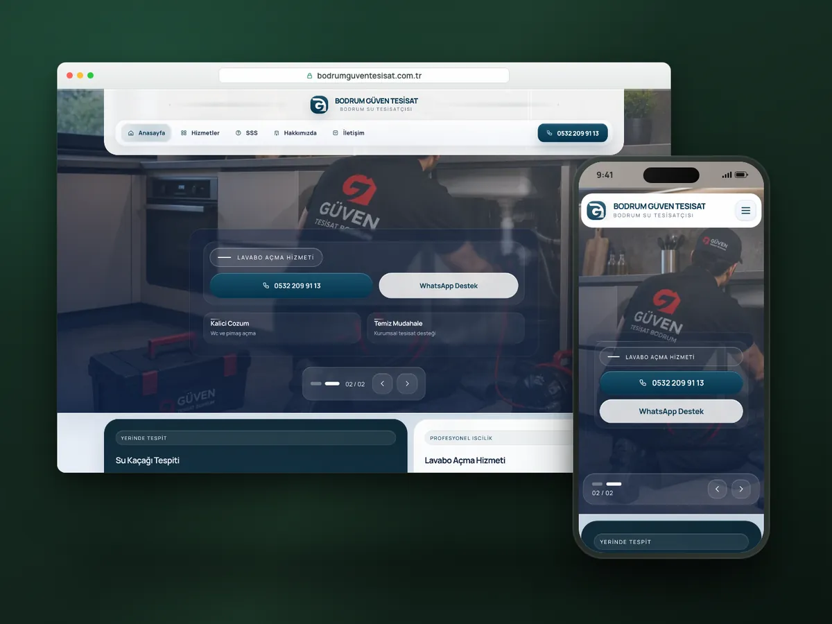 Bodrum Güven Tesisat web sitesi, masaüstü ve mobil görünüm