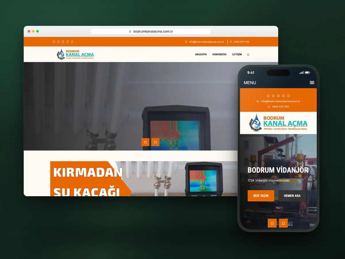 Bodrum Kanal Açma web sitesi, masaüstü ve mobil görünüm
