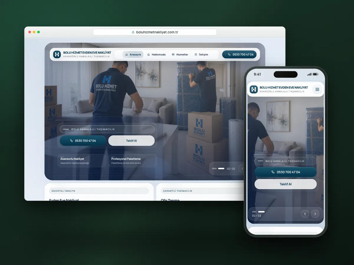 Bolu Hizmet Nakliyat web sitesi, masaüstü ve mobil görünüm
