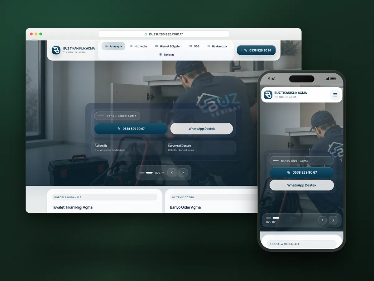 Buz Tıkanıklık Açma web sitesi, masaüstü ve mobil görünüm