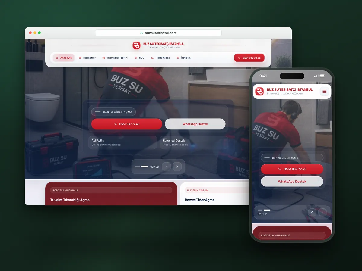 Buz Su Tesisatçı web sitesi, masaüstü ve mobil görünüm