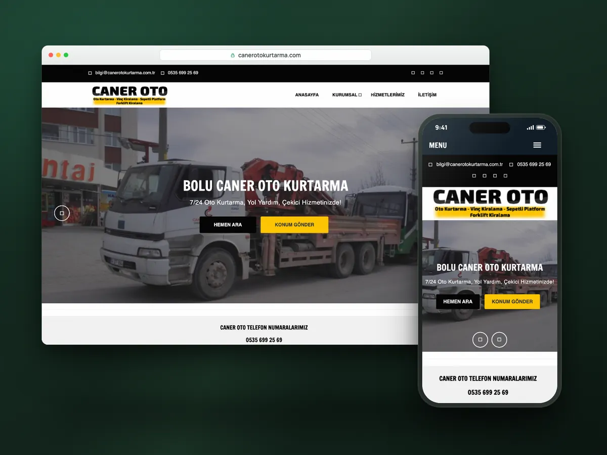 Caner Oto Kurtarma web sitesi, masaüstü ve mobil görünüm