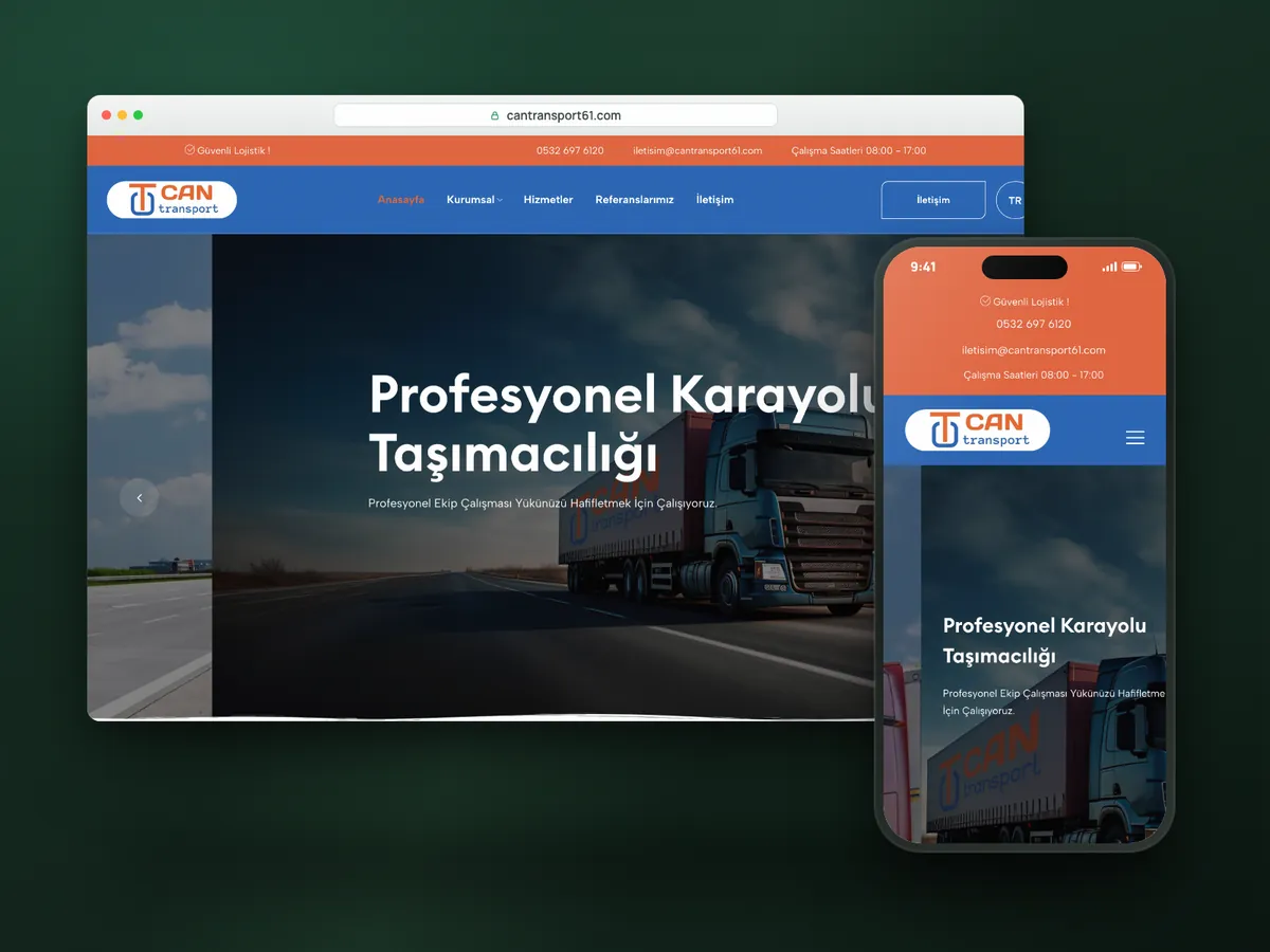 Can Transport web sitesi, masaüstü ve mobil görünüm