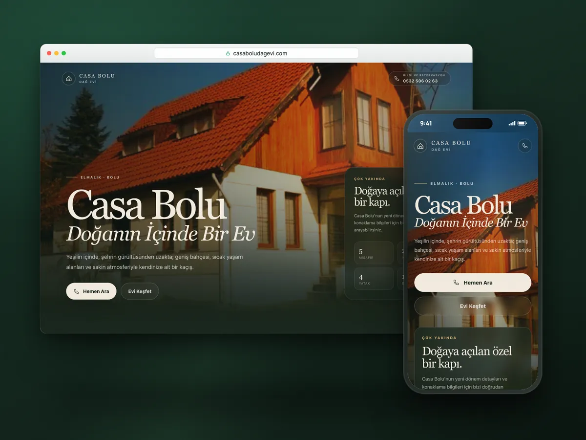 Casa Bolu Dağ Evi web sitesi, masaüstü ve mobil görünüm