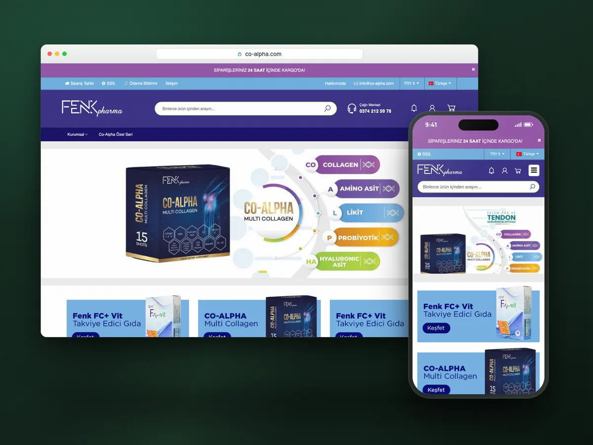 Co-Alpha web sitesi, masaüstü ve mobil görünüm