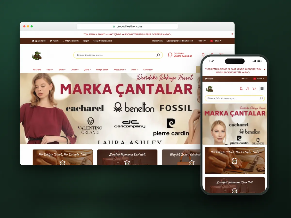 Crocodil Leather web sitesi, masaüstü ve mobil görünüm