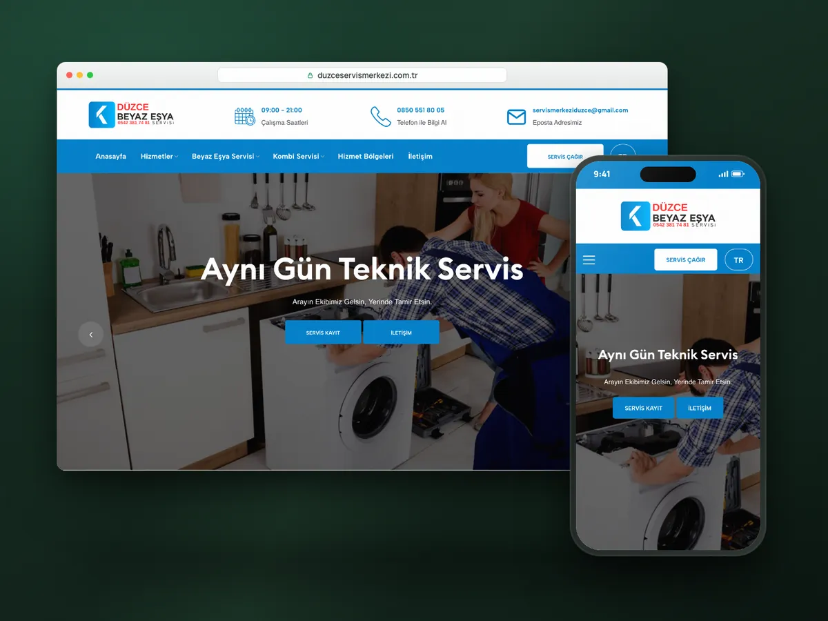 Düzce Beyaz Eşya Teknik web sitesi, masaüstü ve mobil görünüm