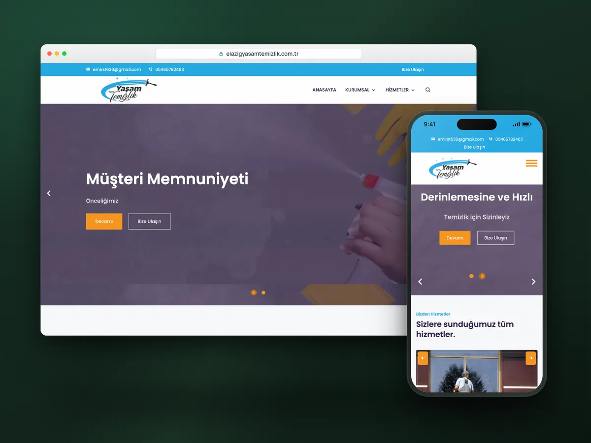 Yaşam Temizlik web sitesi, masaüstü ve mobil görünüm