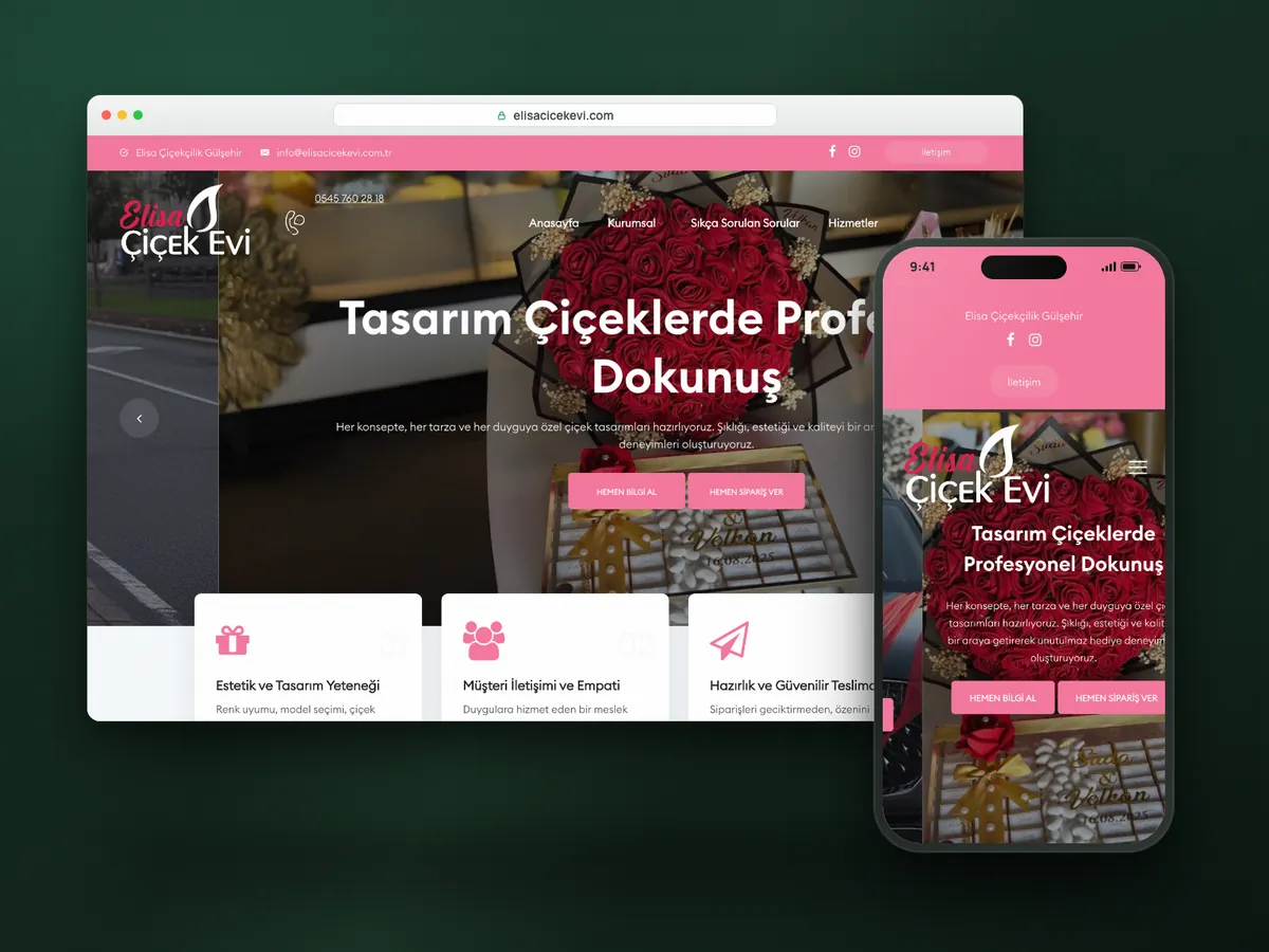 Elisa Çiçek Evi web sitesi, masaüstü ve mobil görünüm