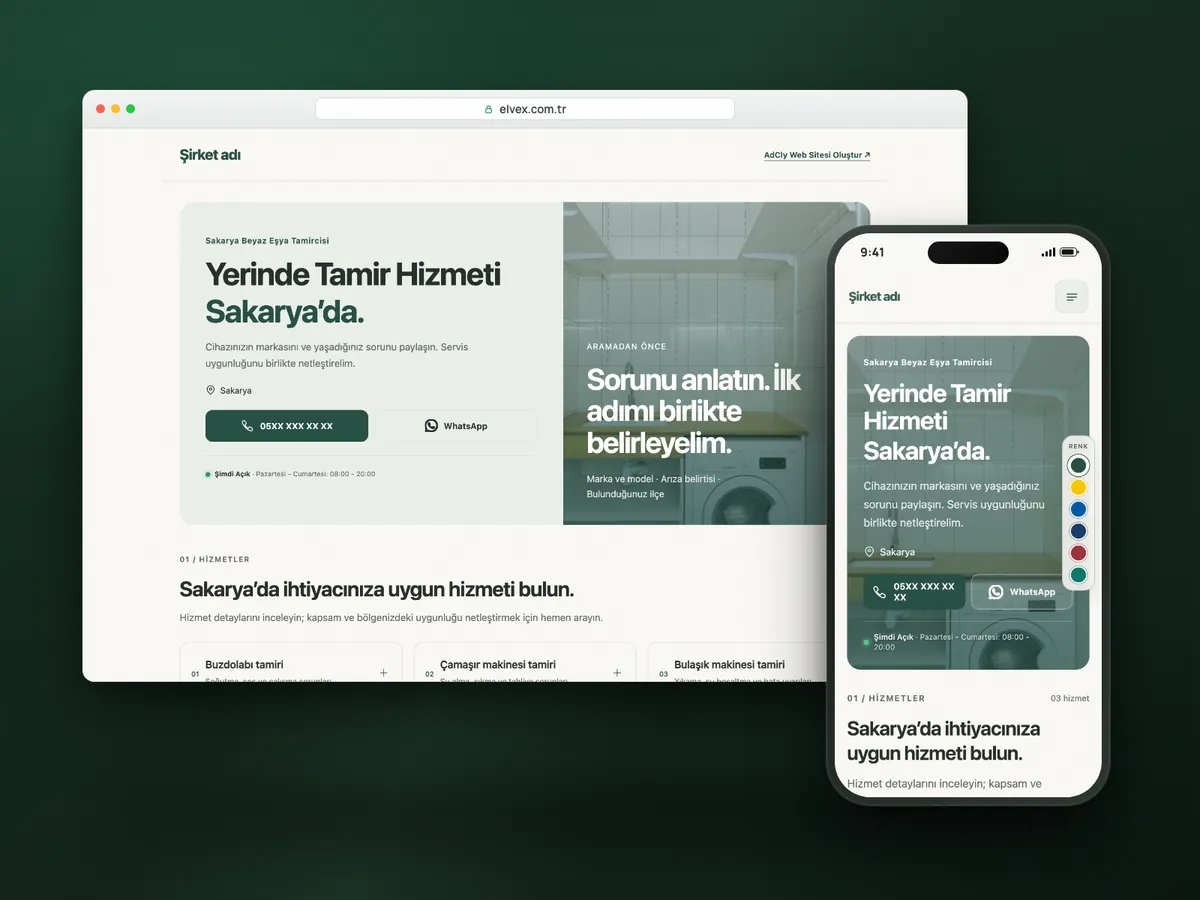 Elvex Beyaz Eşya web sitesi, masaüstü ve mobil görünüm