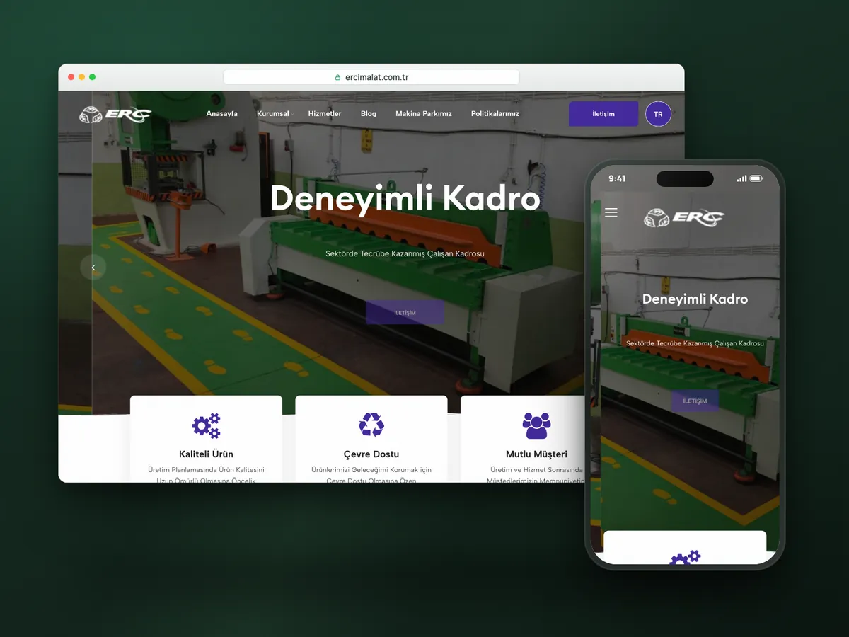 ERC İmalat web sitesi, masaüstü ve mobil görünüm