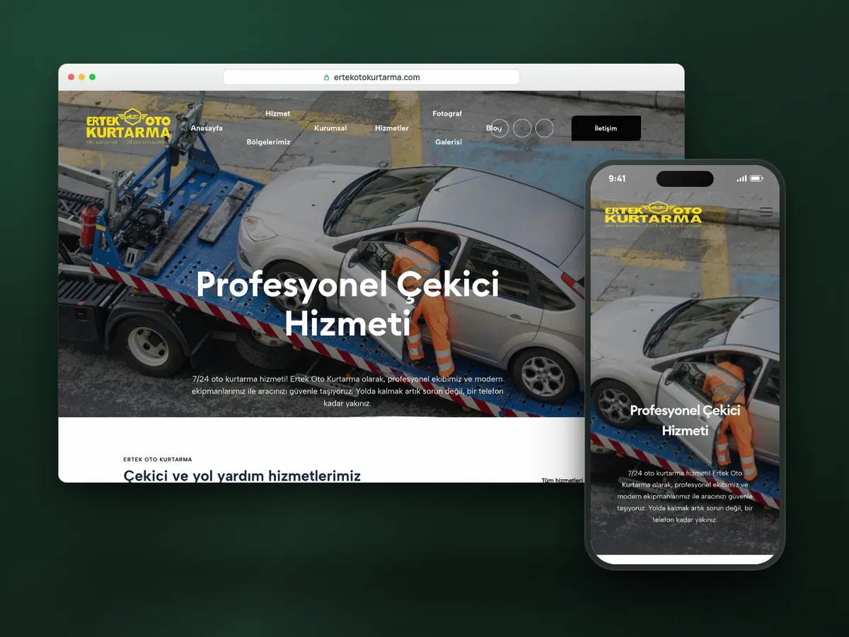 Ertek Oto Kurtarma web sitesi, masaüstü ve mobil görünüm