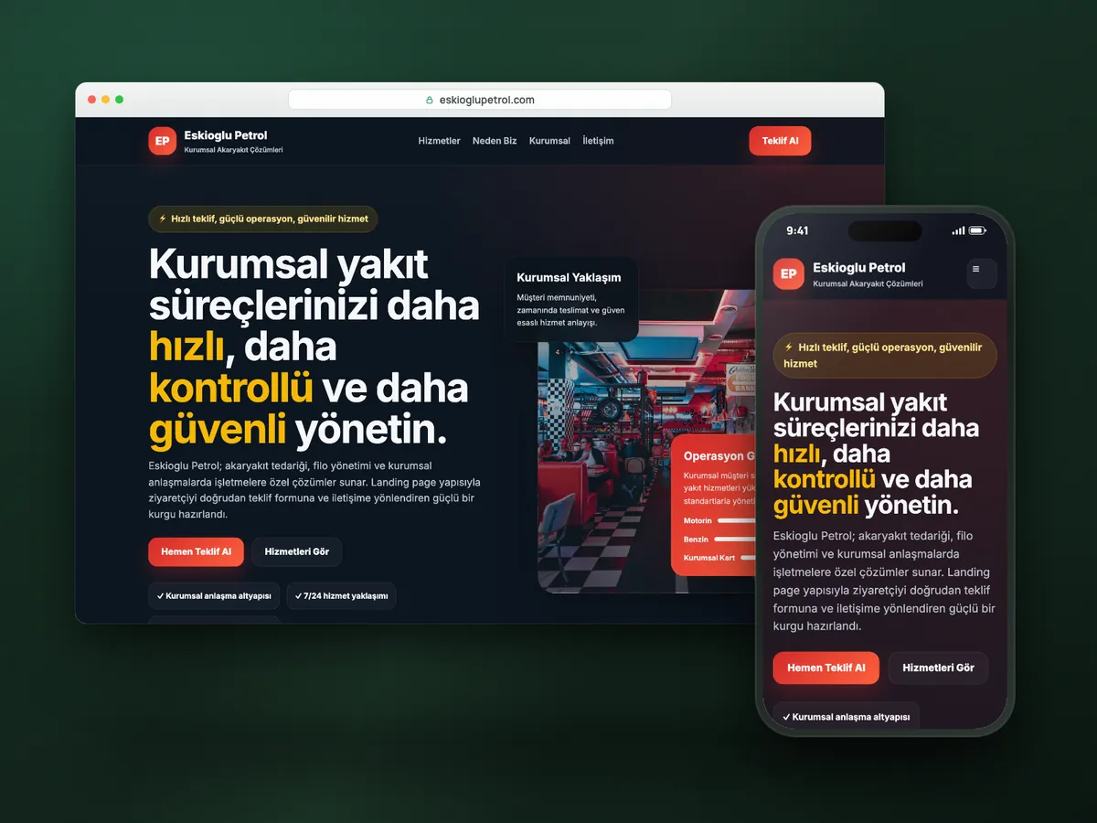 Eskioğlu Petrol web sitesi, masaüstü ve mobil görünüm