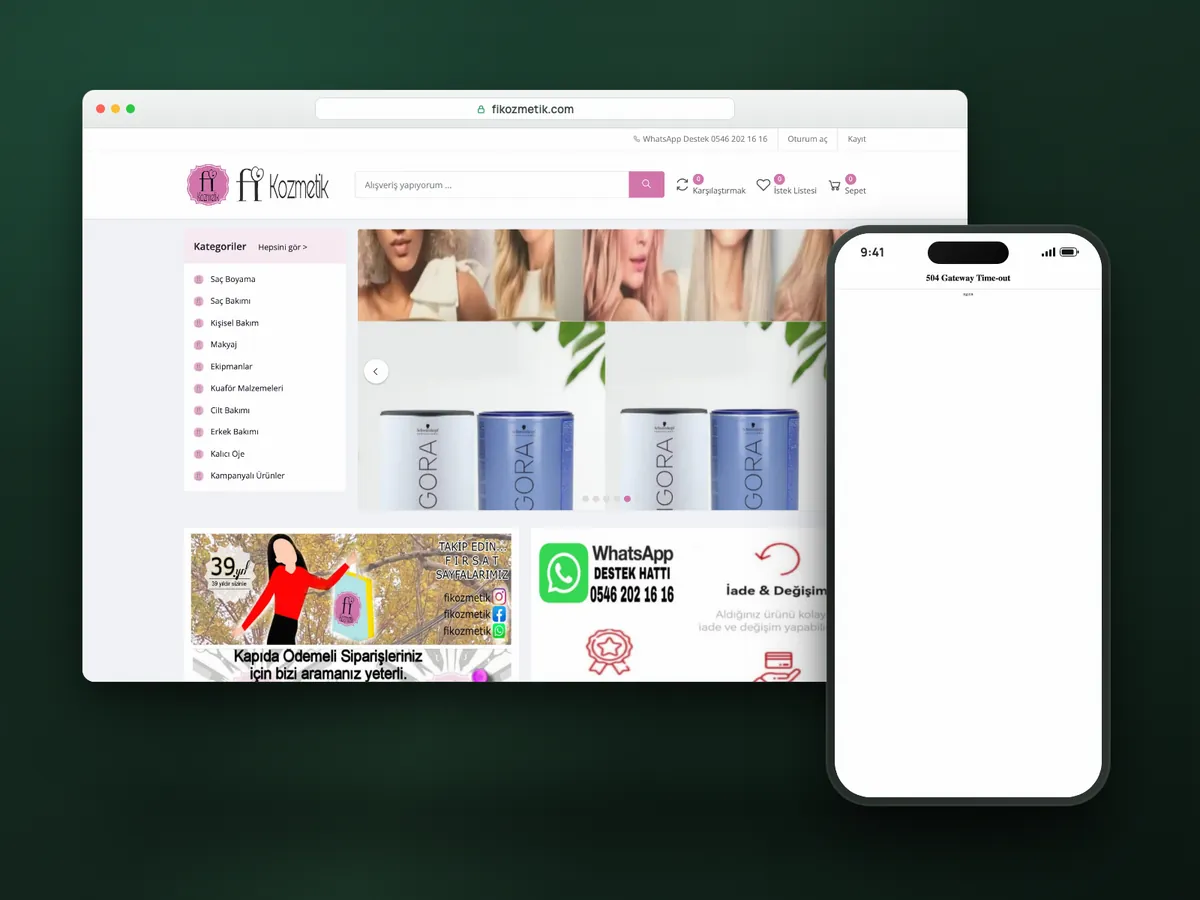 Fi Kozmetik web sitesi, masaüstü ve mobil görünüm