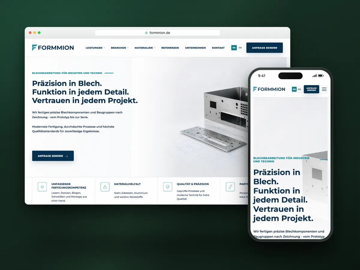 Formmion web sitesi, masaüstü ve mobil görünüm