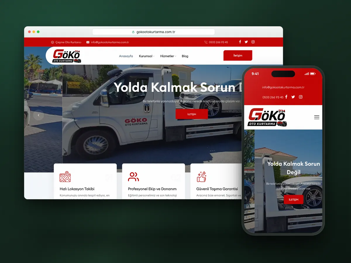 Goko Oto Kurtarma web sitesi, masaüstü ve mobil görünüm