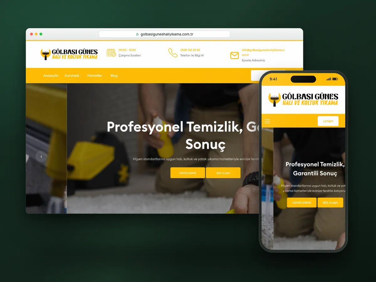 Güneş Halı Yıkama web sitesi, masaüstü ve mobil görünüm