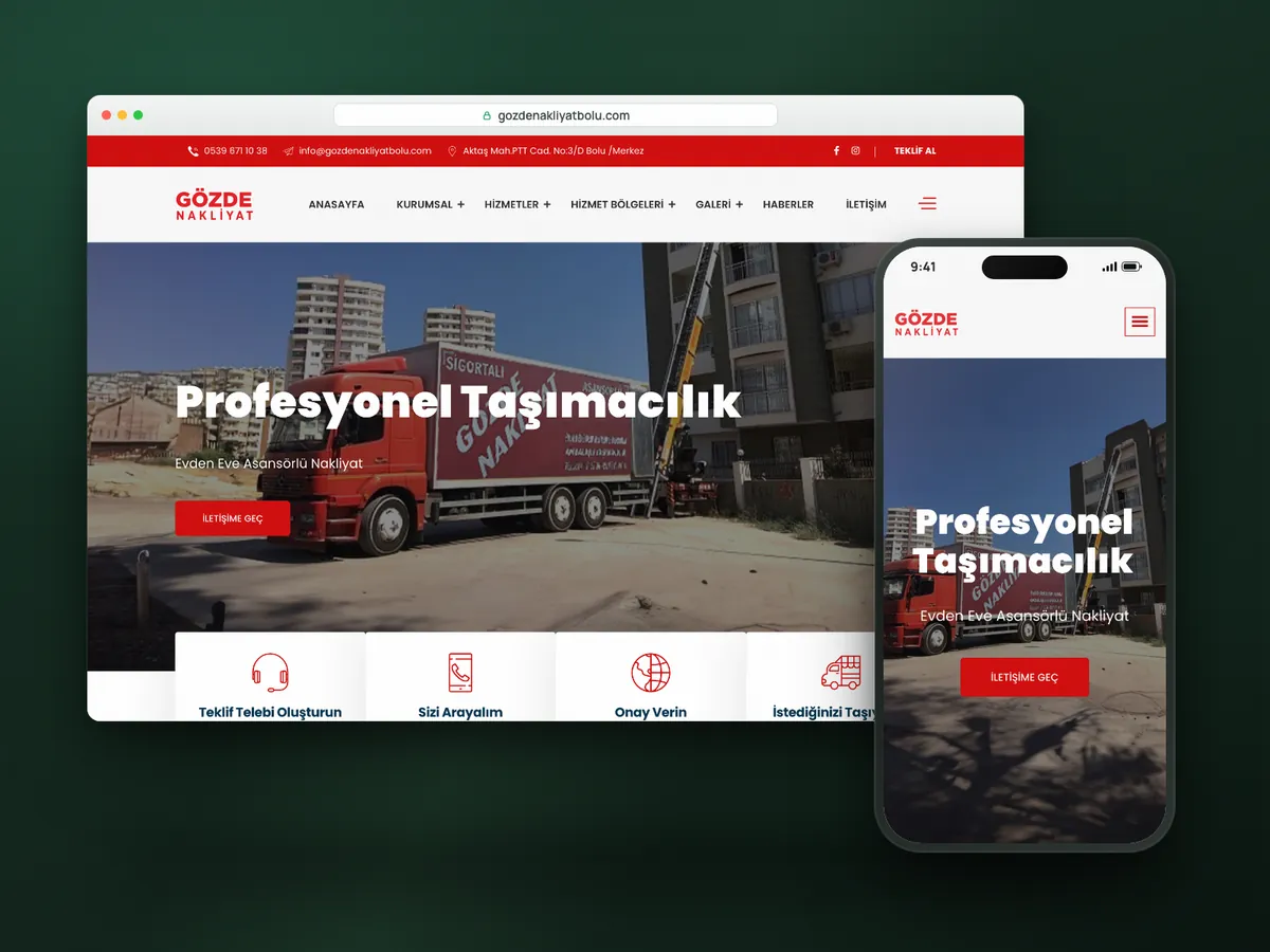 Gözde Nakliyat web sitesi, masaüstü ve mobil görünüm