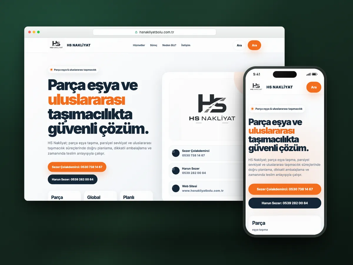 HS Nakliyat web sitesi, masaüstü ve mobil görünüm