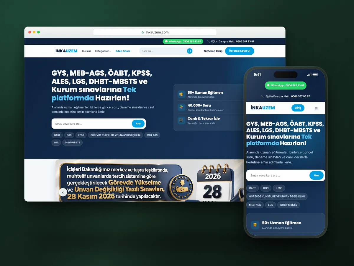 İnka Uzem Akademi web sitesi, masaüstü ve mobil görünüm