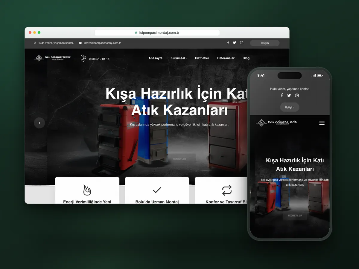 Isı Pompası Montaj web sitesi, masaüstü ve mobil görünüm