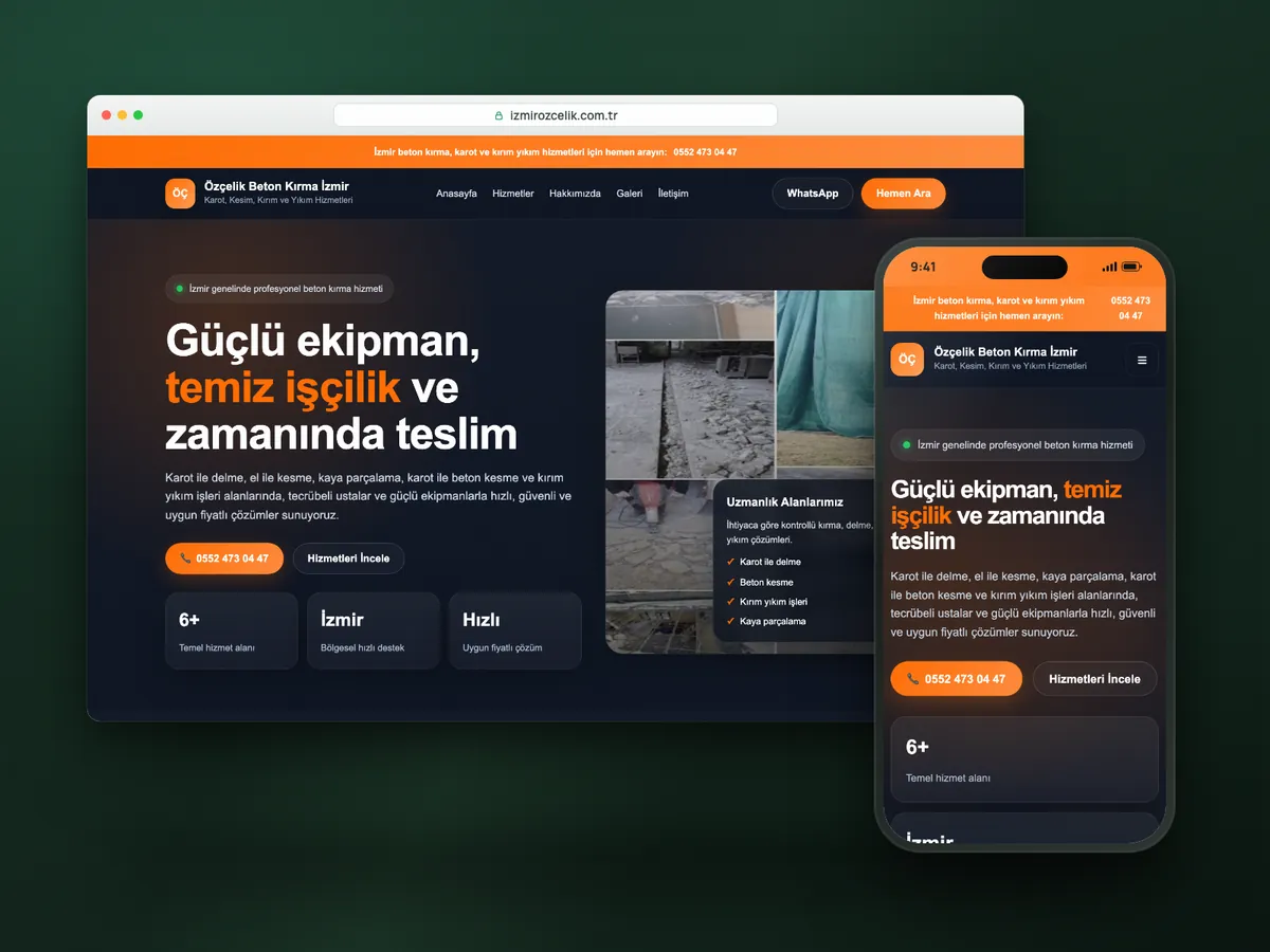 Özçelik Beton Kırma web sitesi, masaüstü ve mobil görünüm