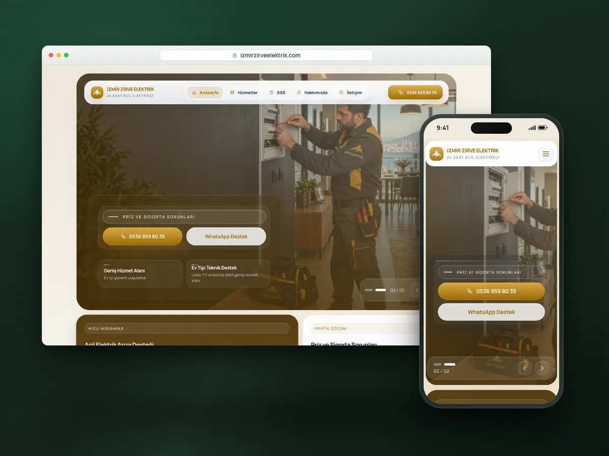 İzmir Zirve Elektrik web sitesi, masaüstü ve mobil görünüm