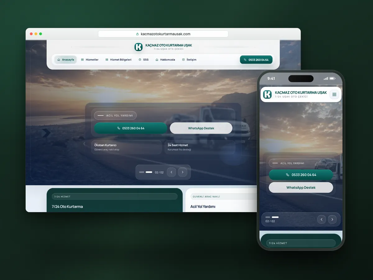 Kaçmaz Oto Kurtarma web sitesi, masaüstü ve mobil görünüm