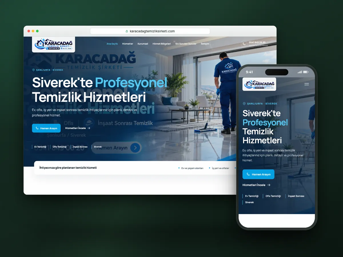 Karacadağ Temizlik web sitesi, masaüstü ve mobil görünüm
