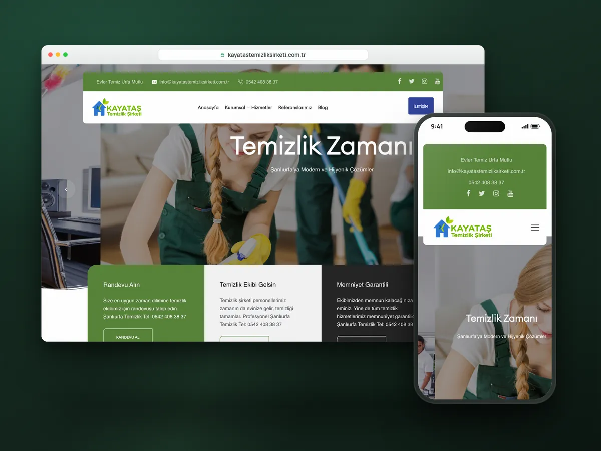 Kayataş Temizlik web sitesi, masaüstü ve mobil görünüm