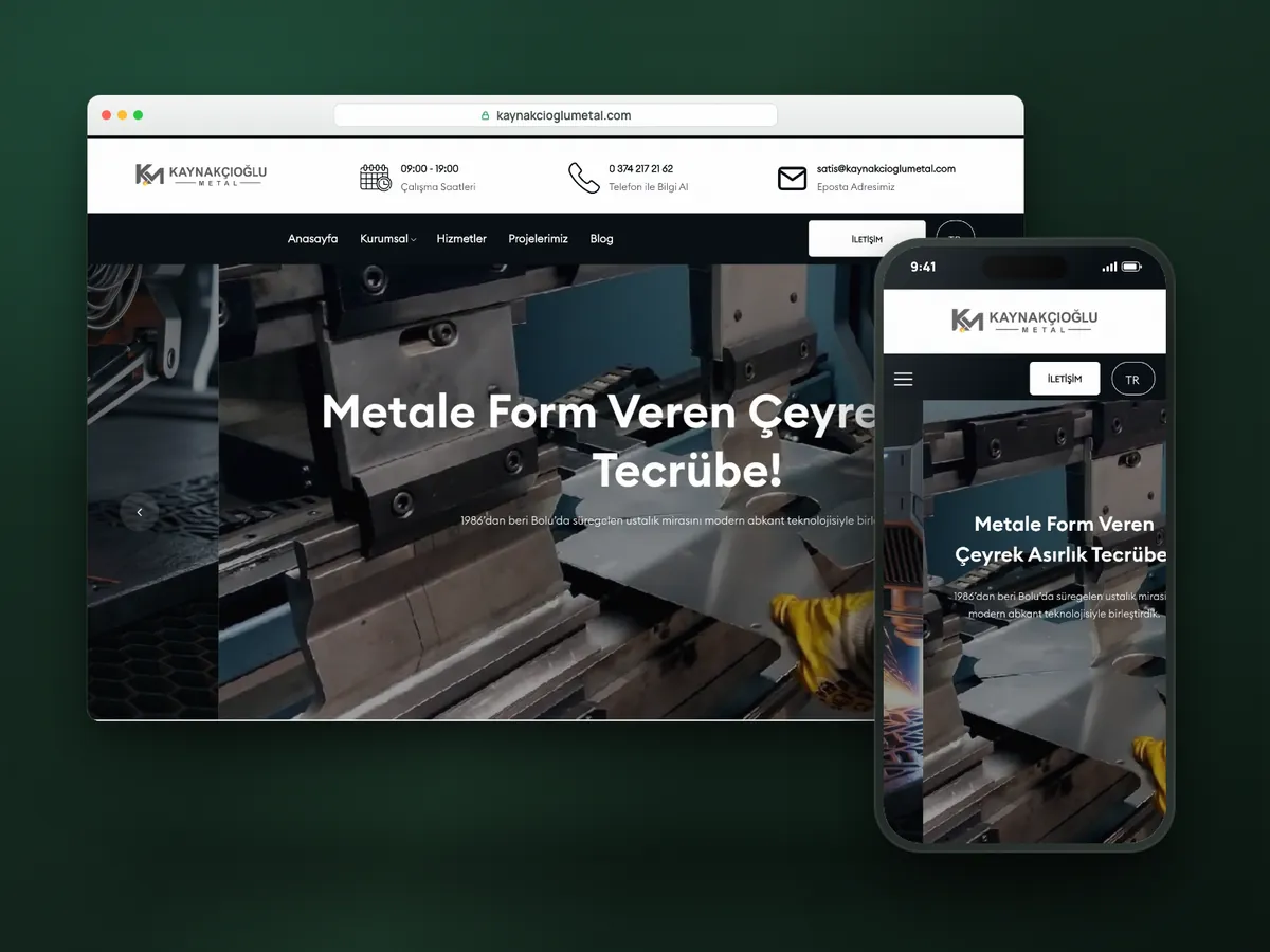 Kaynakçıoğlu Metal web sitesi, masaüstü ve mobil görünüm