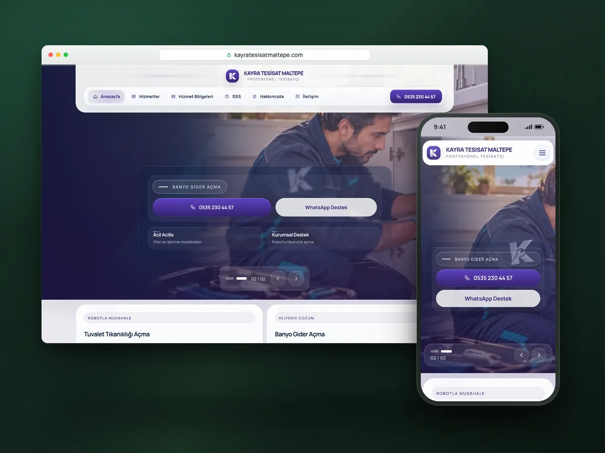 Kayra Tesisat web sitesi, masaüstü ve mobil görünüm