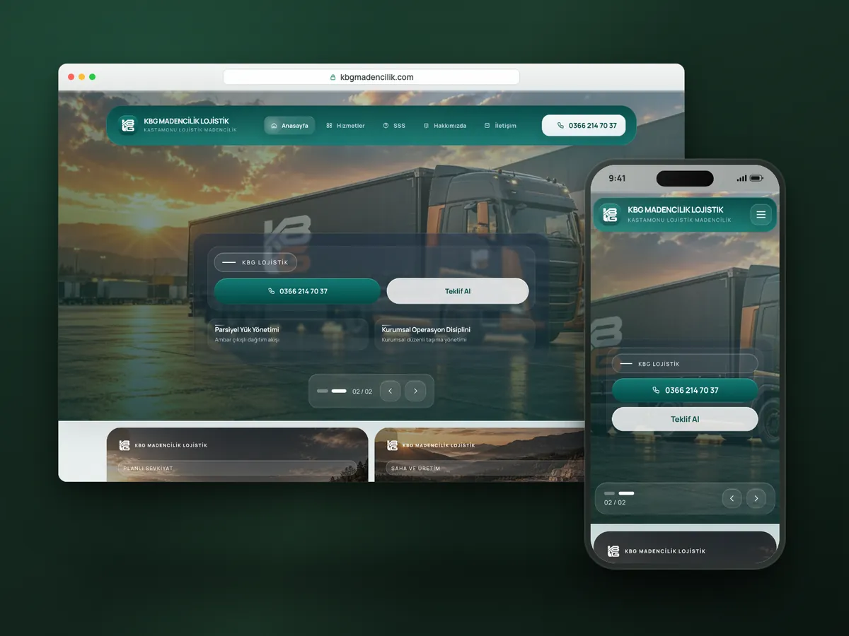 KBG Madencilik web sitesi, masaüstü ve mobil görünüm