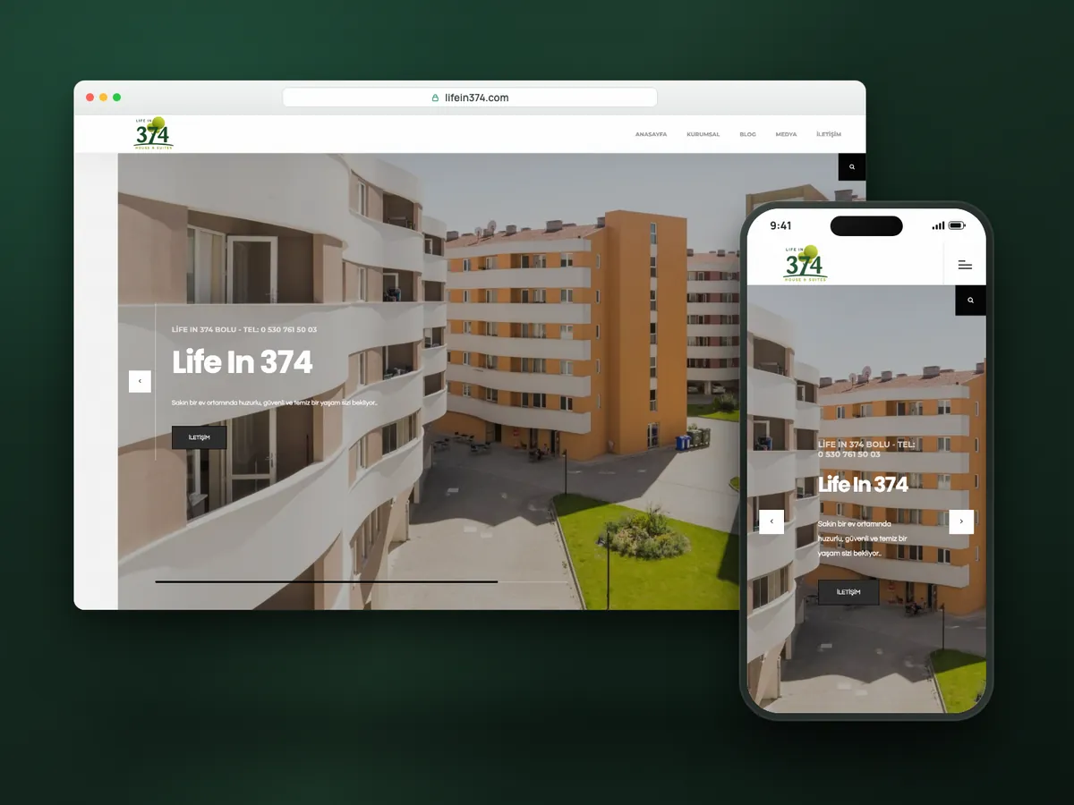 Life In 374 web sitesi, masaüstü ve mobil görünüm