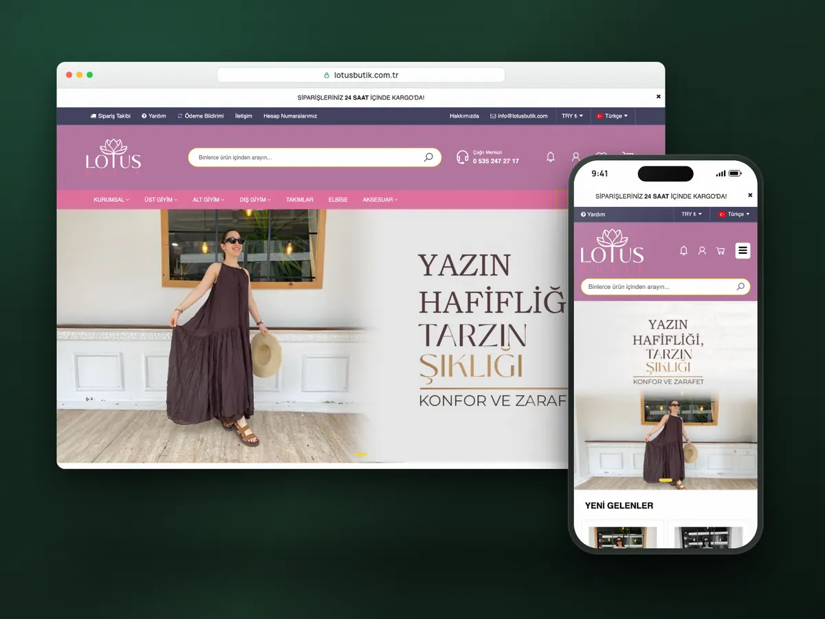 Lotus Butik web sitesi, masaüstü ve mobil görünüm