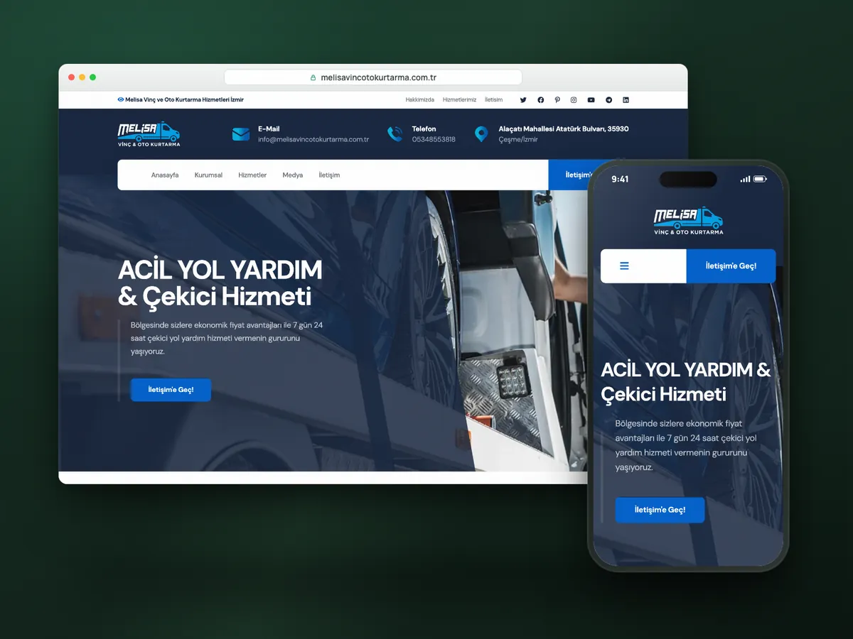 Melisa Vinç ve Oto Kurtarma web sitesi, masaüstü ve mobil görünüm