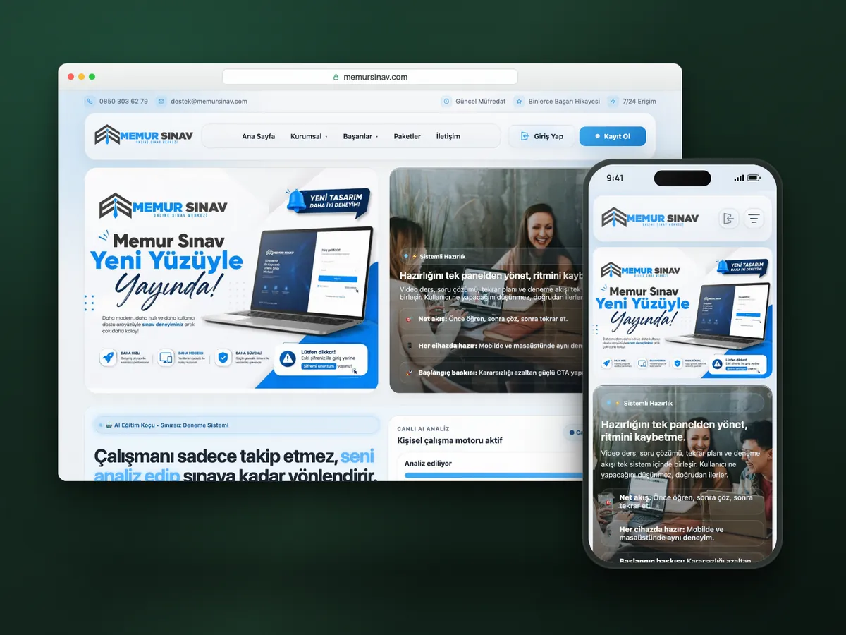 Memur Sınav web sitesi, masaüstü ve mobil görünüm