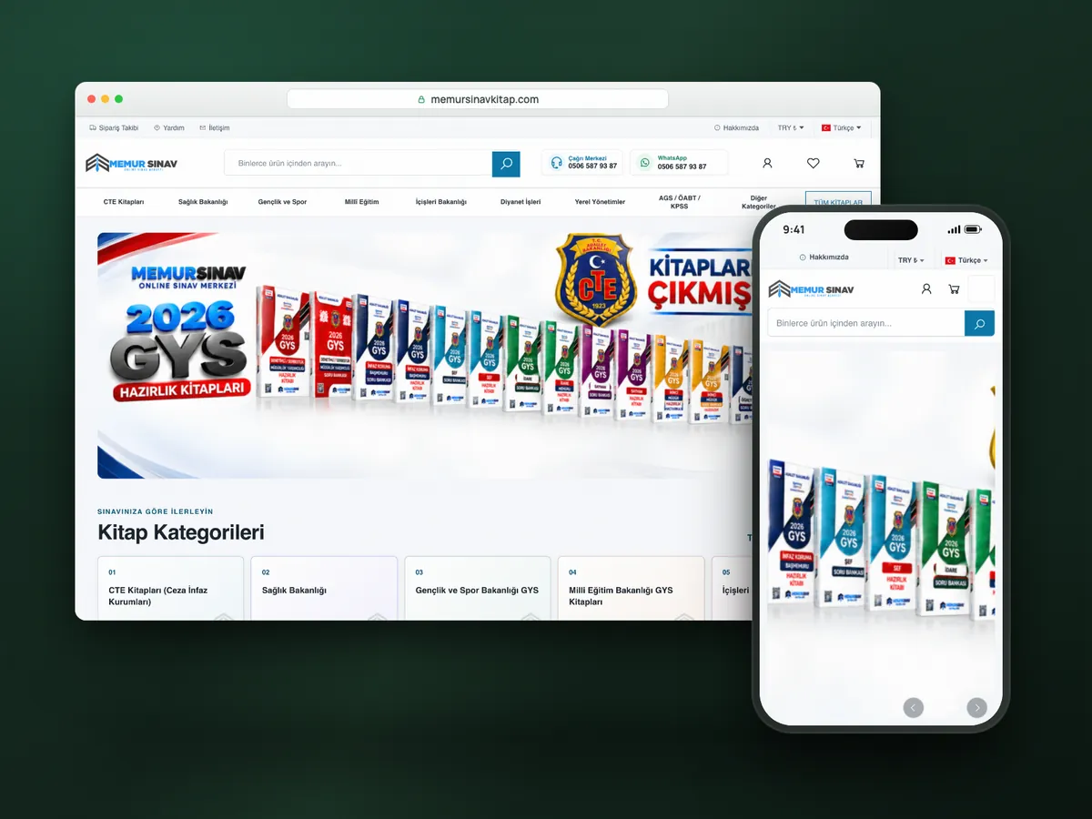 Memur Sınav Kitap web sitesi, masaüstü ve mobil görünüm