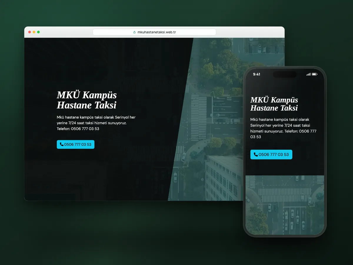 MKÜ Kampüs Hastane Taksi web sitesi, masaüstü ve mobil görünüm