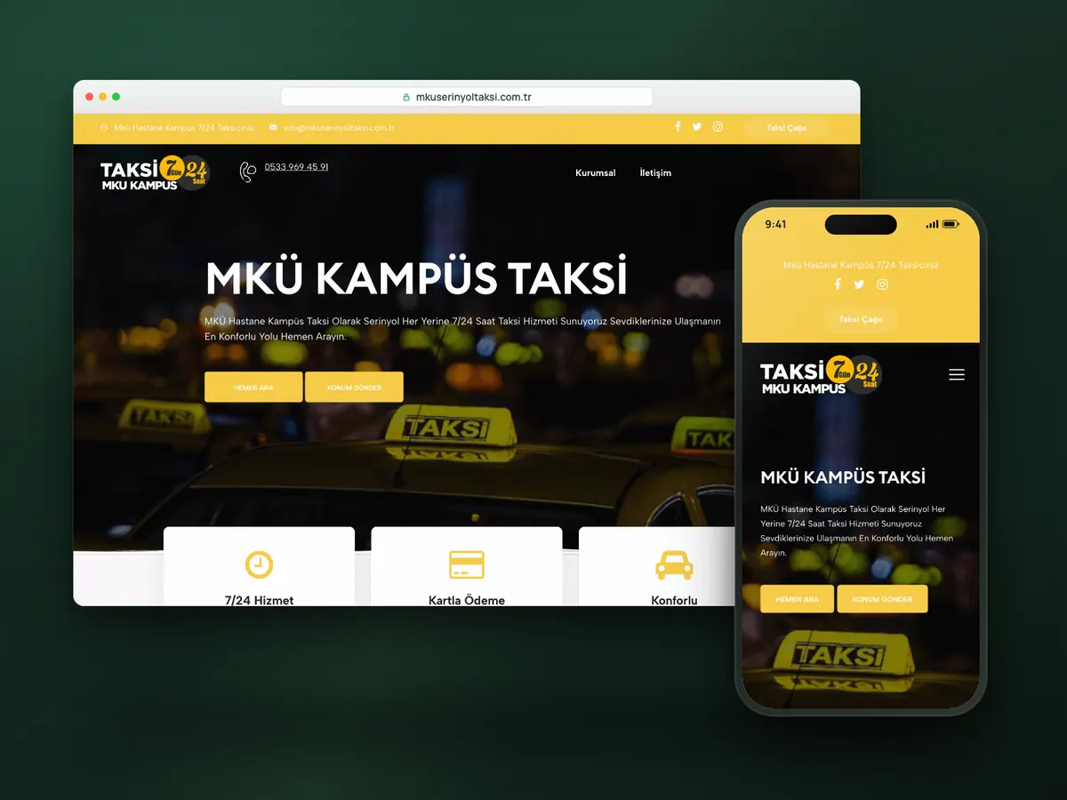 Serinyol Hastane Taksi web sitesi, masaüstü ve mobil görünüm