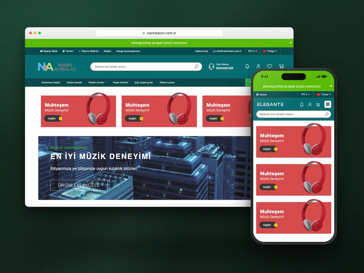 Narin Ambalaj web sitesi, masaüstü ve mobil görünüm